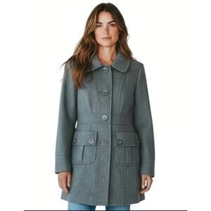 Womens Anthropologie Tulle Wool Blend Pea Coat Large Gray Button Front Pockets